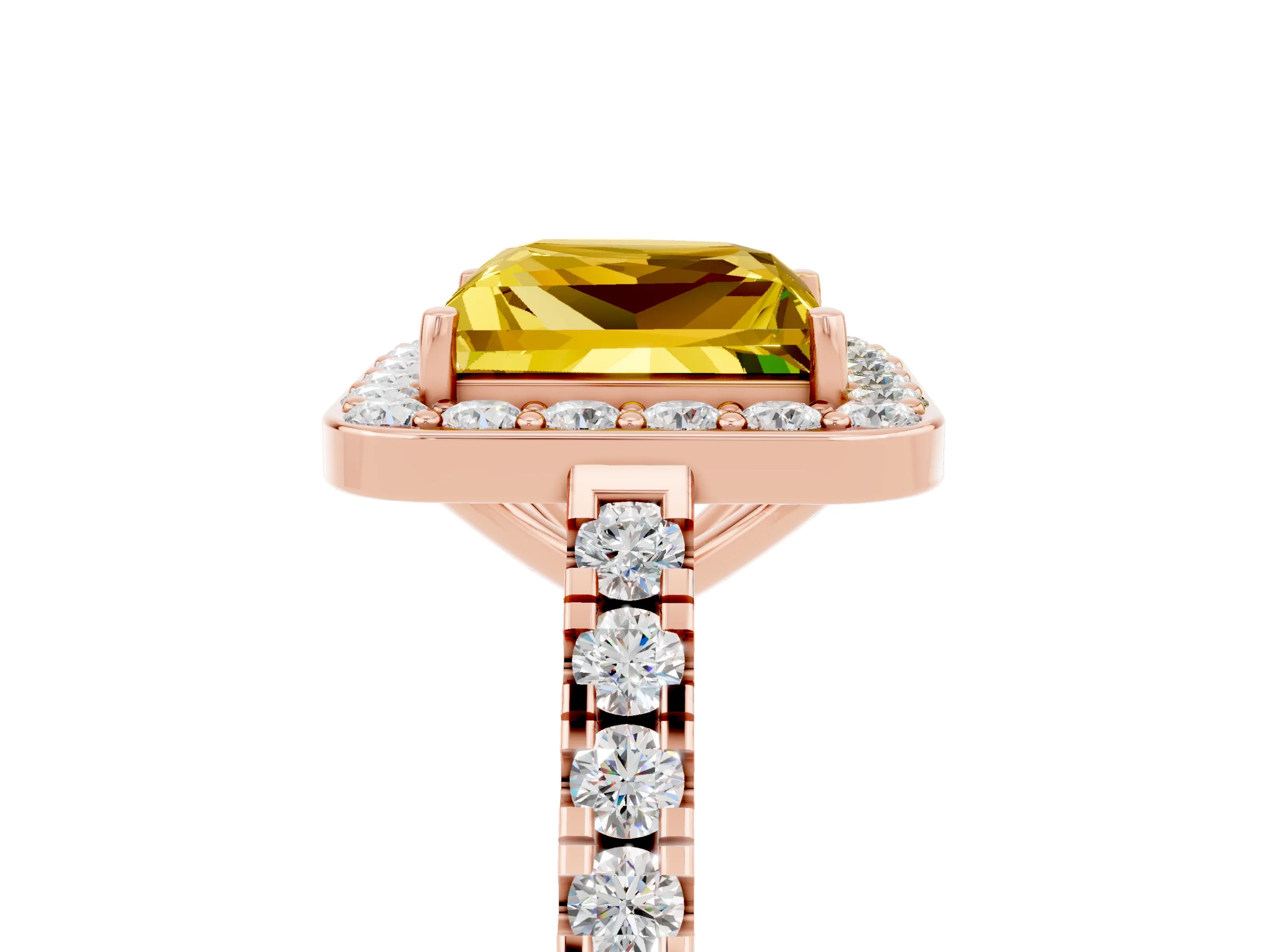 Rose gold Princess Cut Halo Diamond Ring with Pavé Band and Three-Prong Setting_5