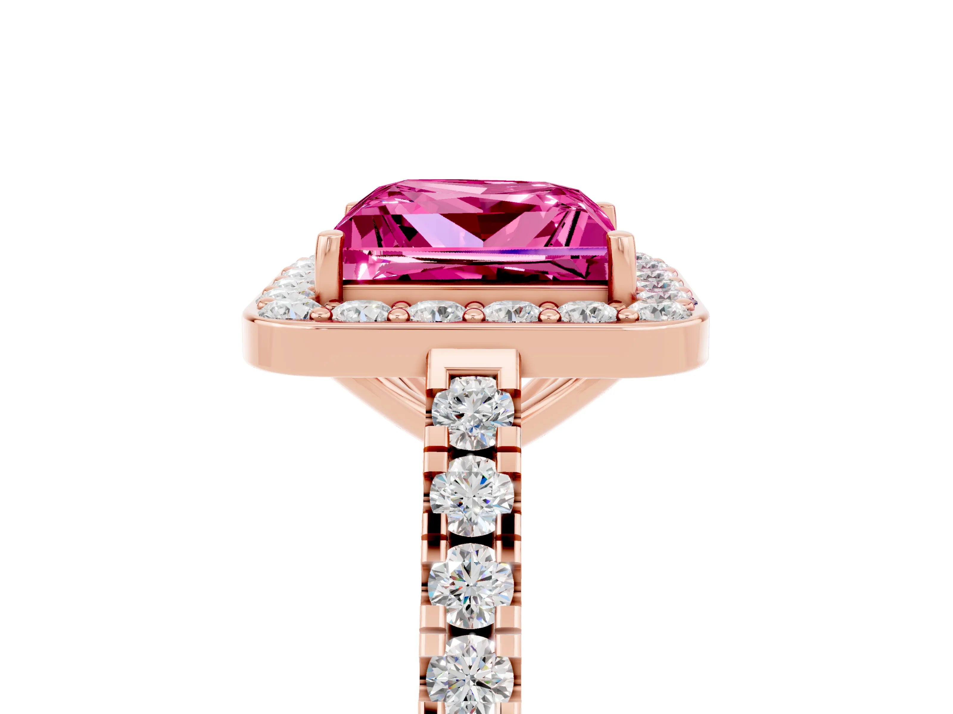 Rose gold Princess Cut Halo Diamond Ring with Pavé Band and Three-Prong Setting_5