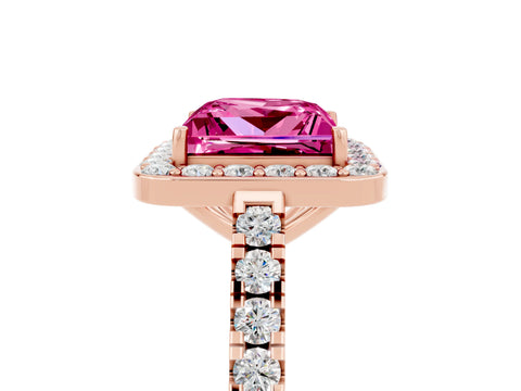 Rose gold Princess Cut Halo Diamond Ring with Pavé Band and Three-Prong Setting_5