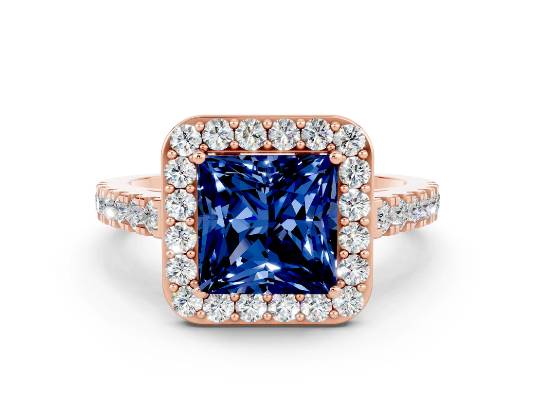 Rose gold Princess Cut Halo Diamond Ring with Pavé Band and Three-Prong Setting
