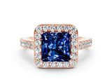 Rose gold Princess Cut Halo Diamond Ring with Pavé Band and Three-Prong Setting