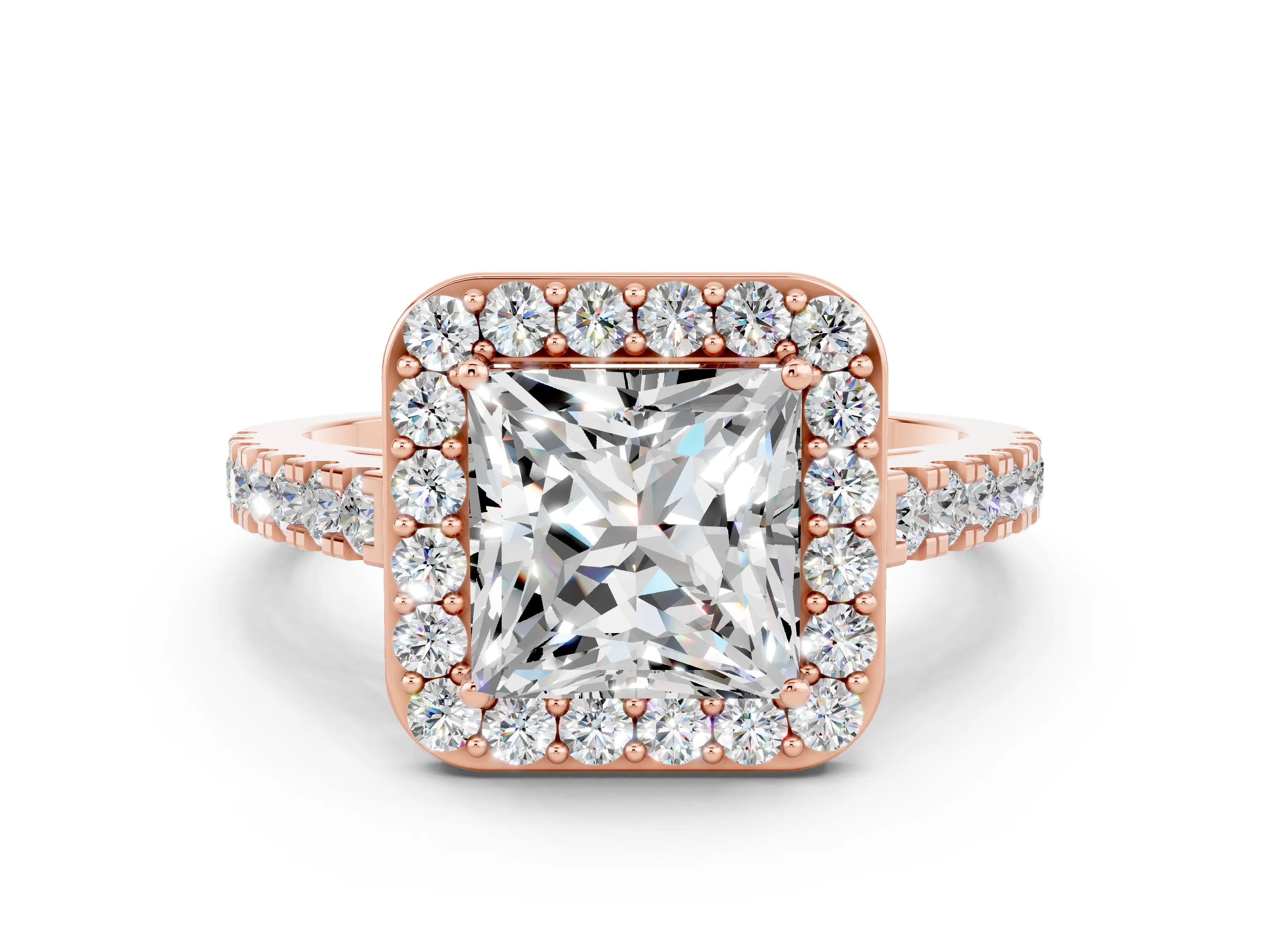 Rose gold Princess Cut Halo Diamond Ring with Pavé Band and Three-Prong Setting