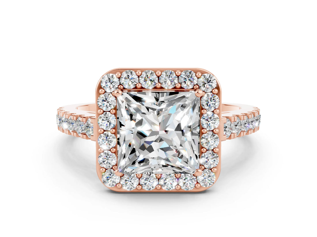 Rose gold Princess Cut Halo Diamond Ring with Pavé Band and Three-Prong Setting