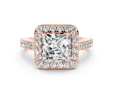 Rose gold Princess Cut Halo Diamond Ring with Pavé Band and Three-Prong Setting