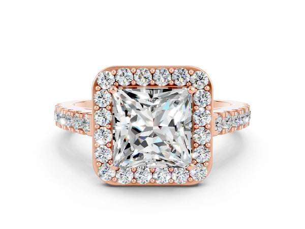 Rose gold Princess Cut Moissanite Halo Ring with Round Pavé Split Shank and Prong Setting