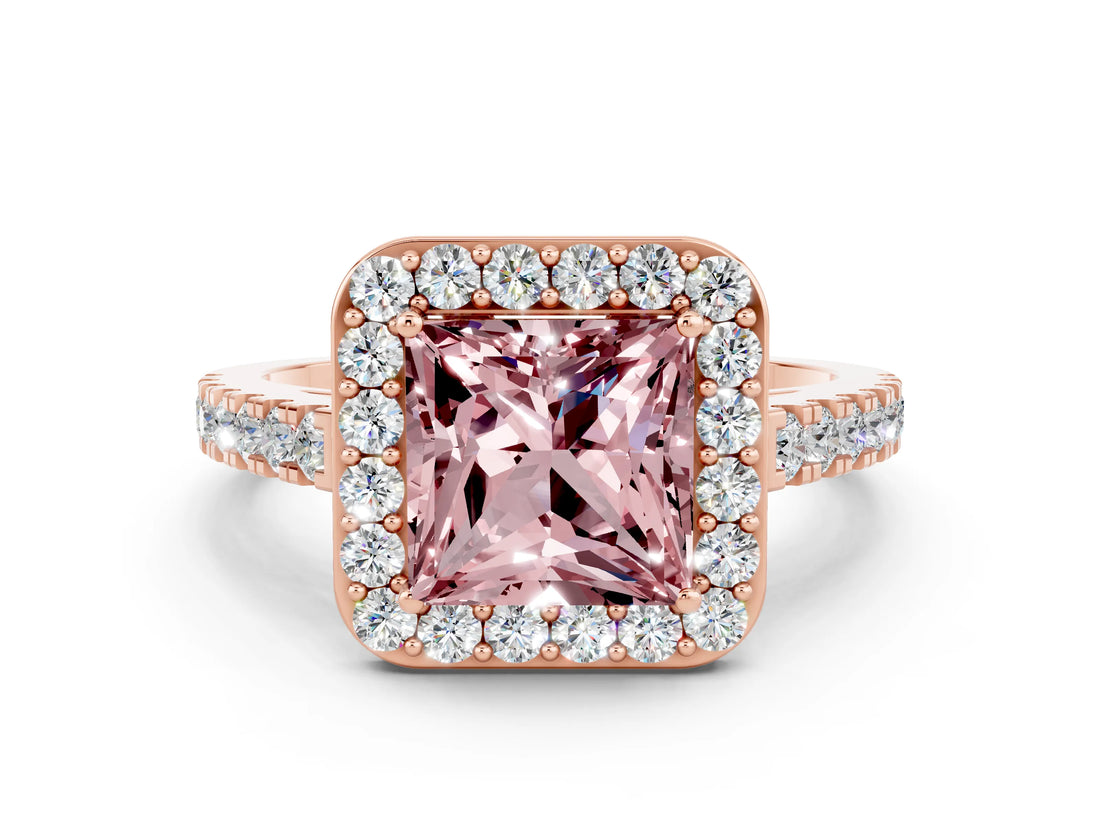Rose gold Princess Cut Halo Diamond Ring with Pavé Band and Three-Prong Setting