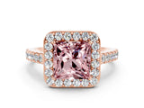 Rose gold Princess Cut Halo Diamond Ring with Pavé Band and Three-Prong Setting