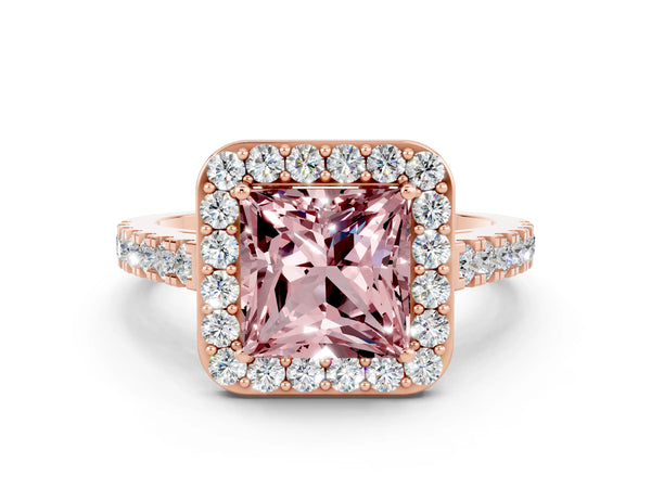 Rose gold Princess Cut Halo Diamond Ring with Pavé Band and Three-Prong Setting