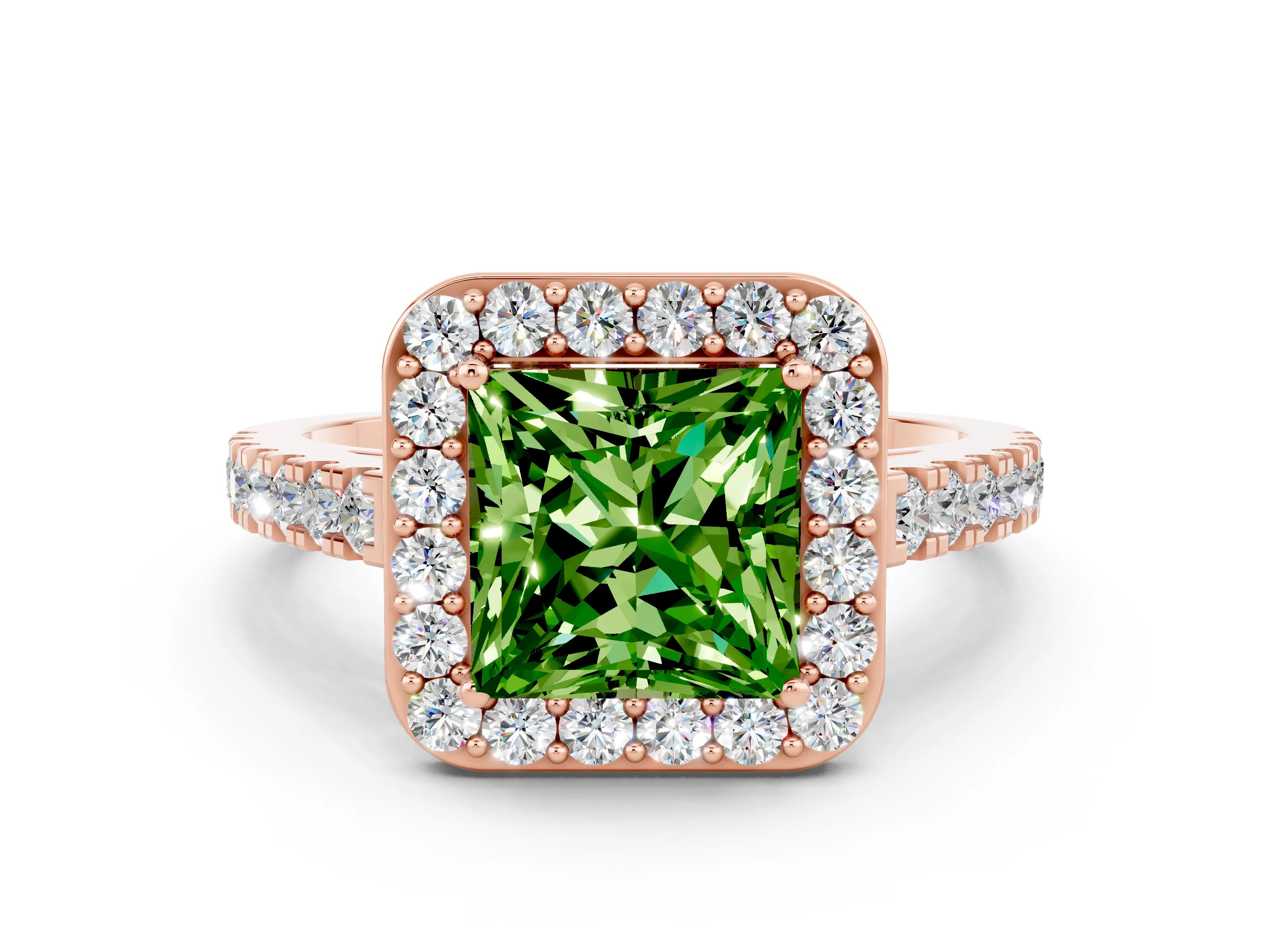 Rose gold Princess Cut Halo Diamond Ring with Pavé Band and Three-Prong Setting