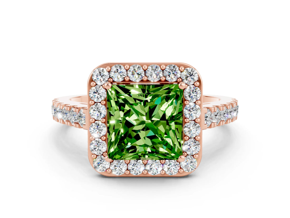 Rose gold Princess Cut Halo Diamond Ring with Pavé Band and Three-Prong Setting