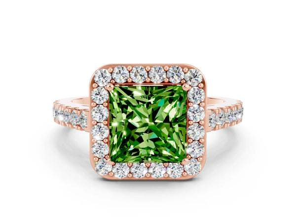 Rose gold Princess Cut Halo Diamond Ring with Pavé Band and Three-Prong Setting