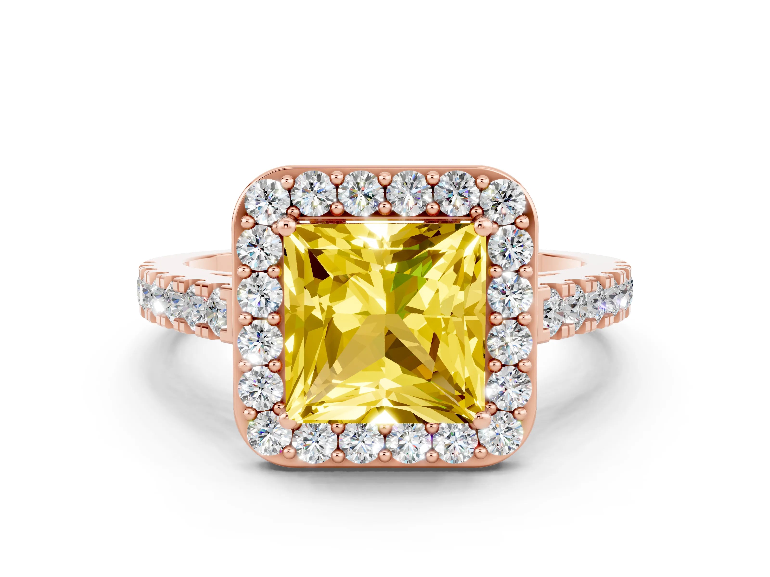 Rose gold Princess Cut Halo Diamond Ring with Pavé Band and Three-Prong Setting
