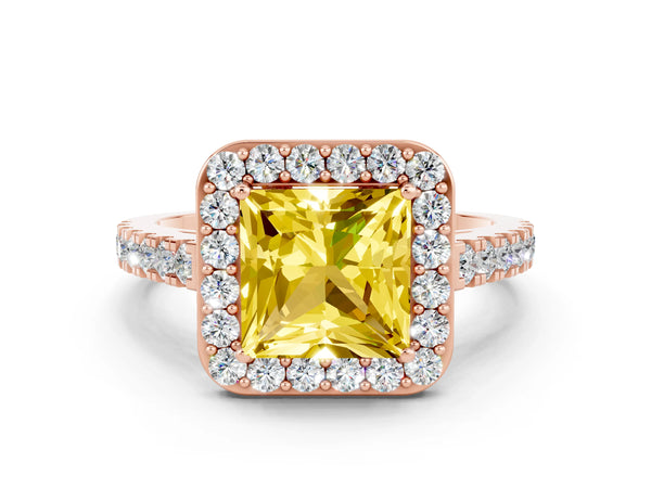 Rose gold Princess Cut Yellow Sapphire Halo Ring with Round Pavé Split Shank and Prong Setting