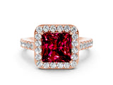 Rose gold Princess Cut Halo Diamond Ring with Pavé Band and Three-Prong Setting