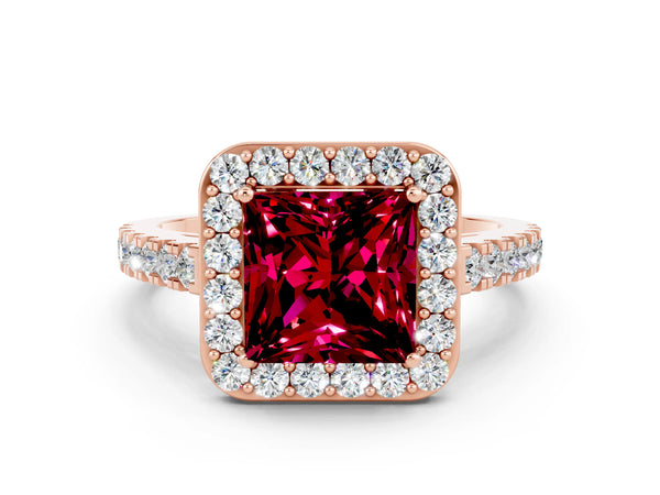 Rose gold Princess Cut Garnet Halo Ring with Round Pavé Split Shank and Prong Setting