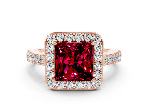 Rose gold Princess Cut Halo Diamond Ring with Pavé Band and Three-Prong Setting