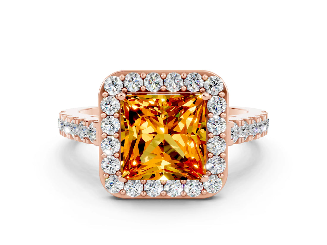 Rose gold Princess Cut Halo Diamond Ring with Pavé Band and Three-Prong Setting