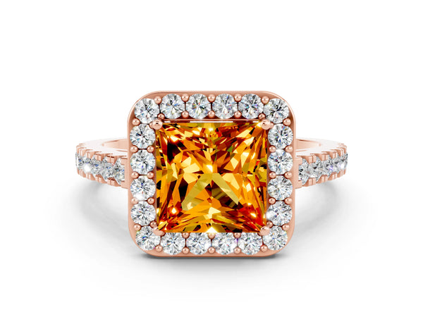 Rose gold Princess Cut Citrine Halo Ring with Round Pavé Split Shank and Prong Setting