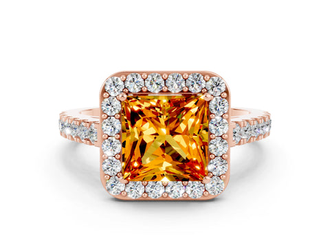 Rose gold Princess Cut Halo Diamond Ring with Pavé Band and Three-Prong Setting
