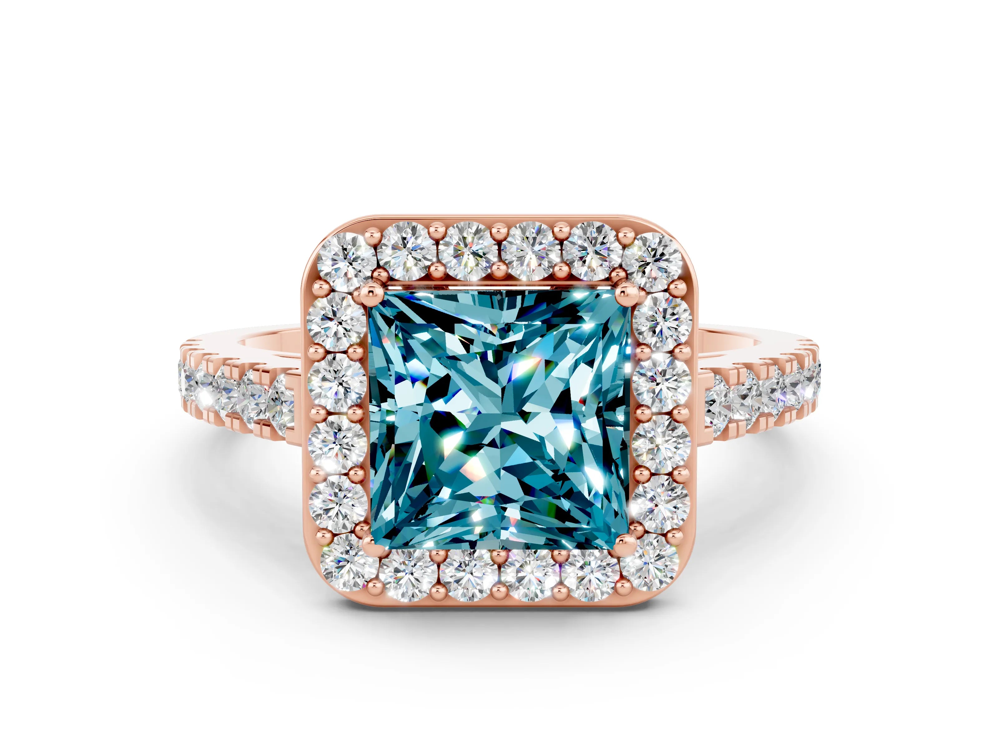 Rose gold Princess Cut Halo Diamond Ring with Pavé Band and Three-Prong Setting