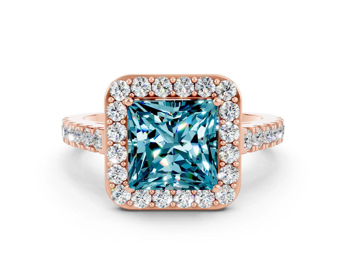 Rose gold Princess Cut Halo Diamond Ring with Pavé Band and Three-Prong Setting