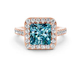 Rose gold Princess Cut Halo Diamond Ring with Pavé Band and Three-Prong Setting