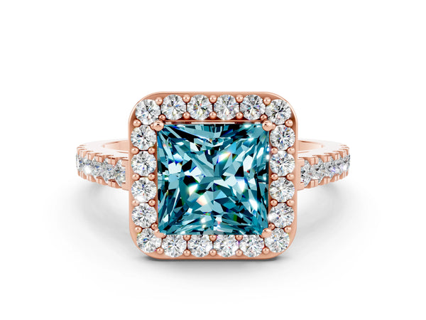 Rose gold Princess Cut Halo Diamond Ring with Pavé Band and Three-Prong Setting