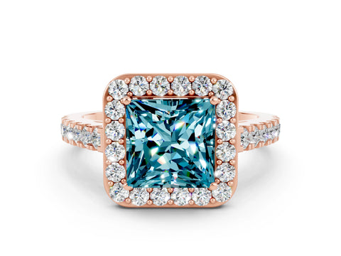 Rose gold Princess Cut Halo Diamond Ring with Pavé Band and Three-Prong Setting