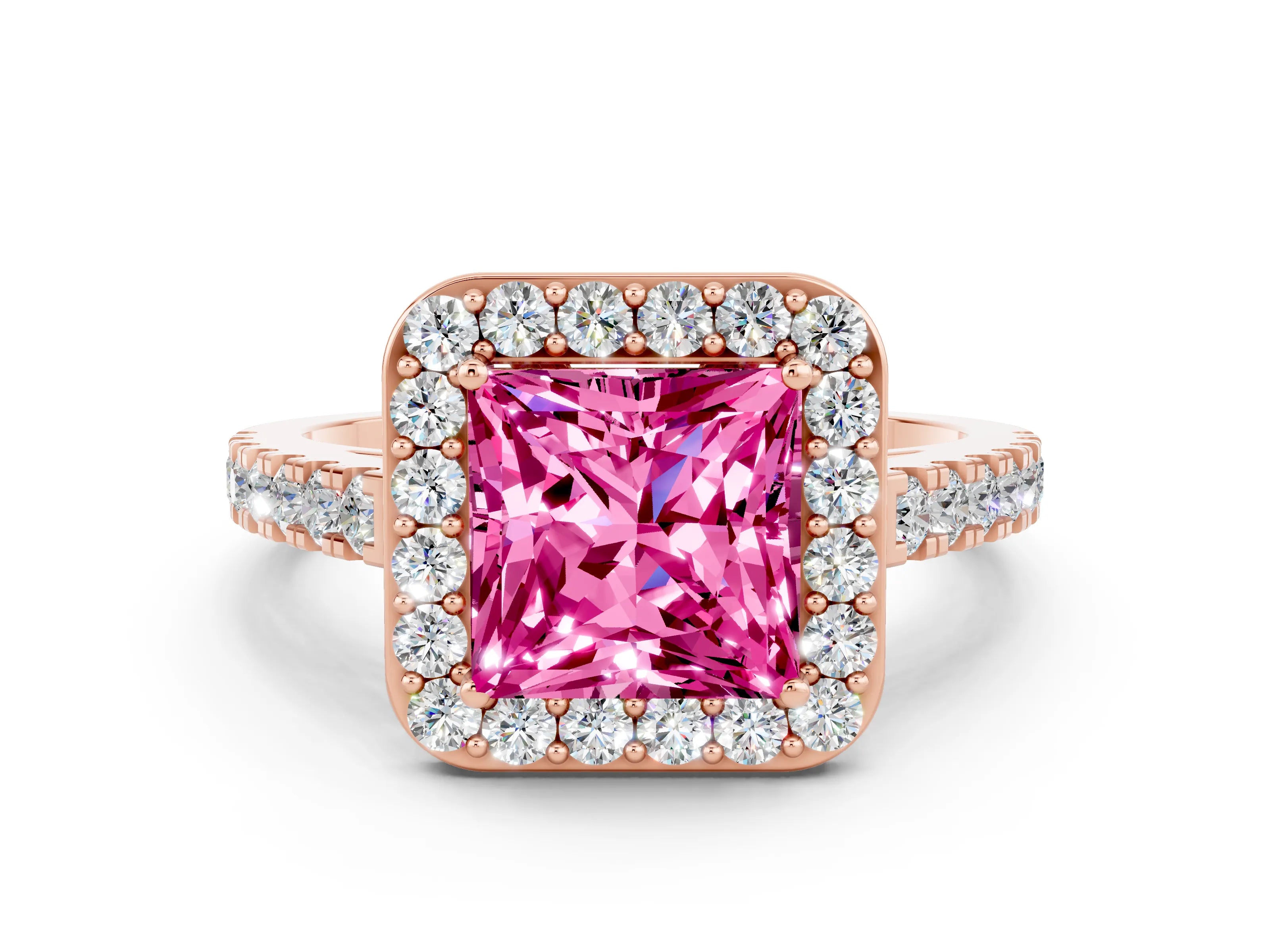 Rose gold Princess Cut Halo Diamond Ring with Pavé Band and Three-Prong Setting