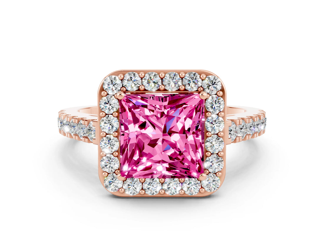 Rose gold Princess Cut Halo Diamond Ring with Pavé Band and Three-Prong Setting