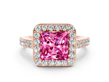 Rose gold Princess Cut Halo Diamond Ring with Pavé Band and Three-Prong Setting