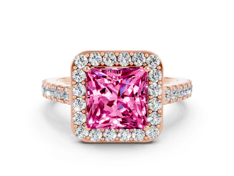 Rose gold Princess Cut Halo Diamond Ring with Pavé Band and Three-Prong Setting
