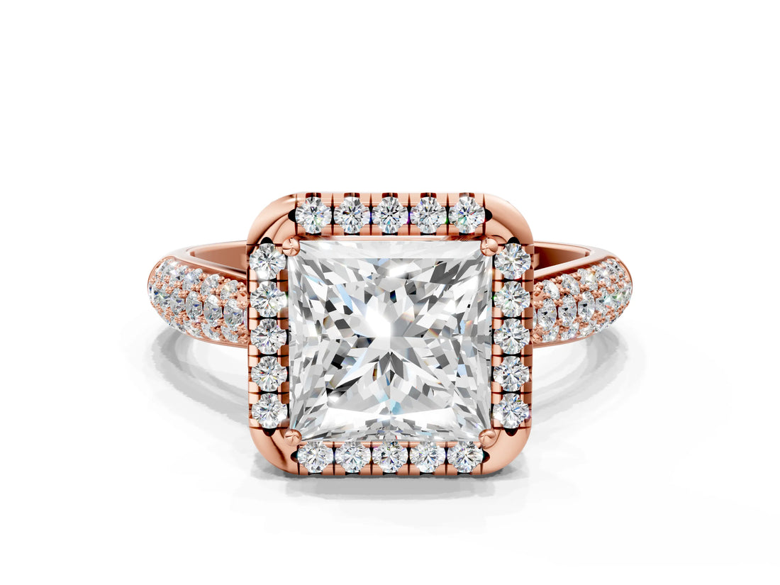 Rose gold Princess Cut Halo Diamond Ring with Pavé Band_15