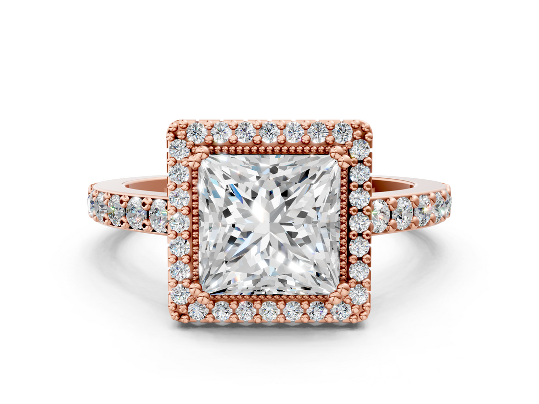 Rose gold Princess Cut Halo Diamond Ring with Pave Band and Four-Prong Setting_20
