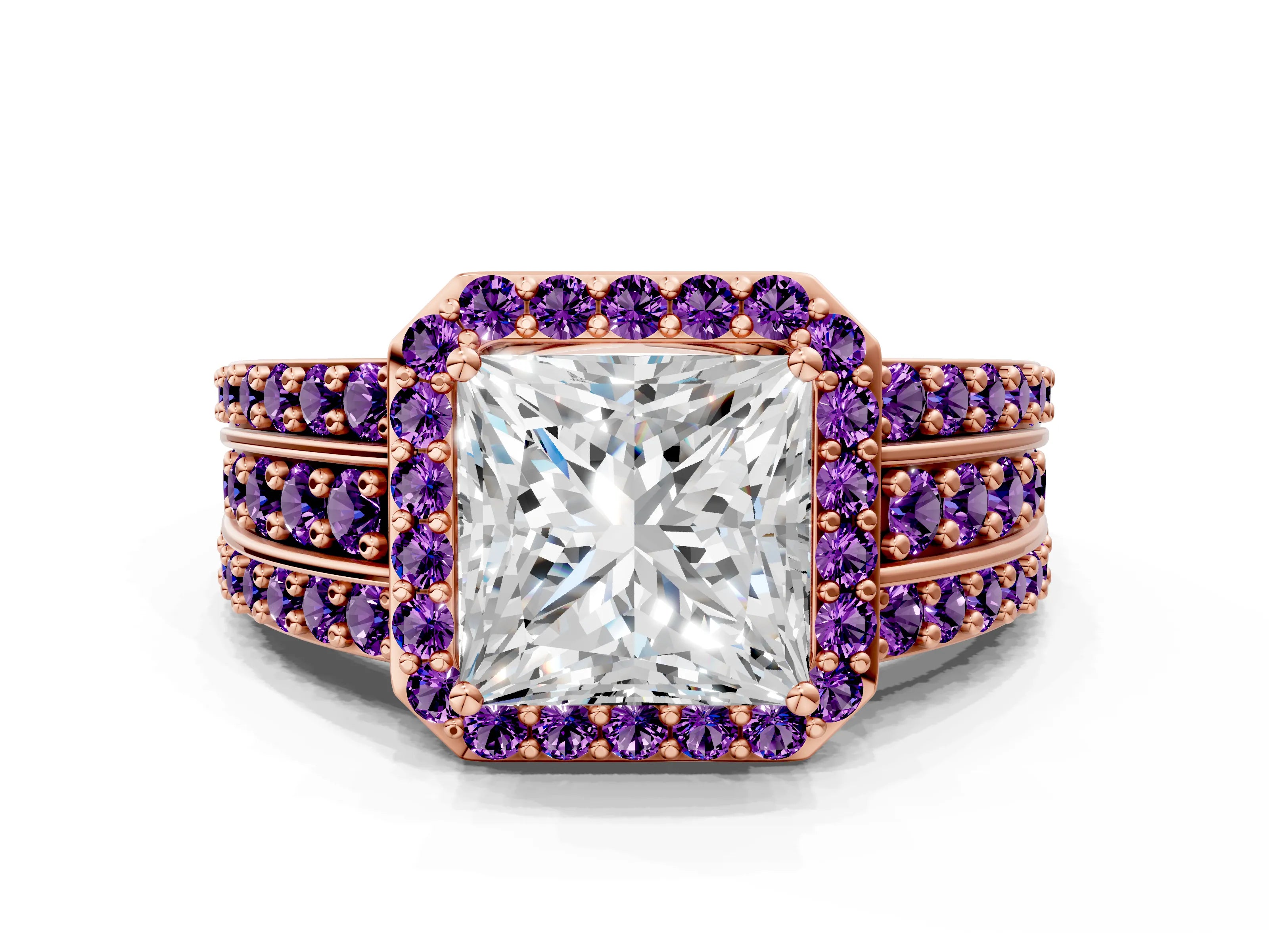 Rose gold Princess Cut Halo Diamond Ring with Round with Amethyst side stone Split Shank and Prong Setting