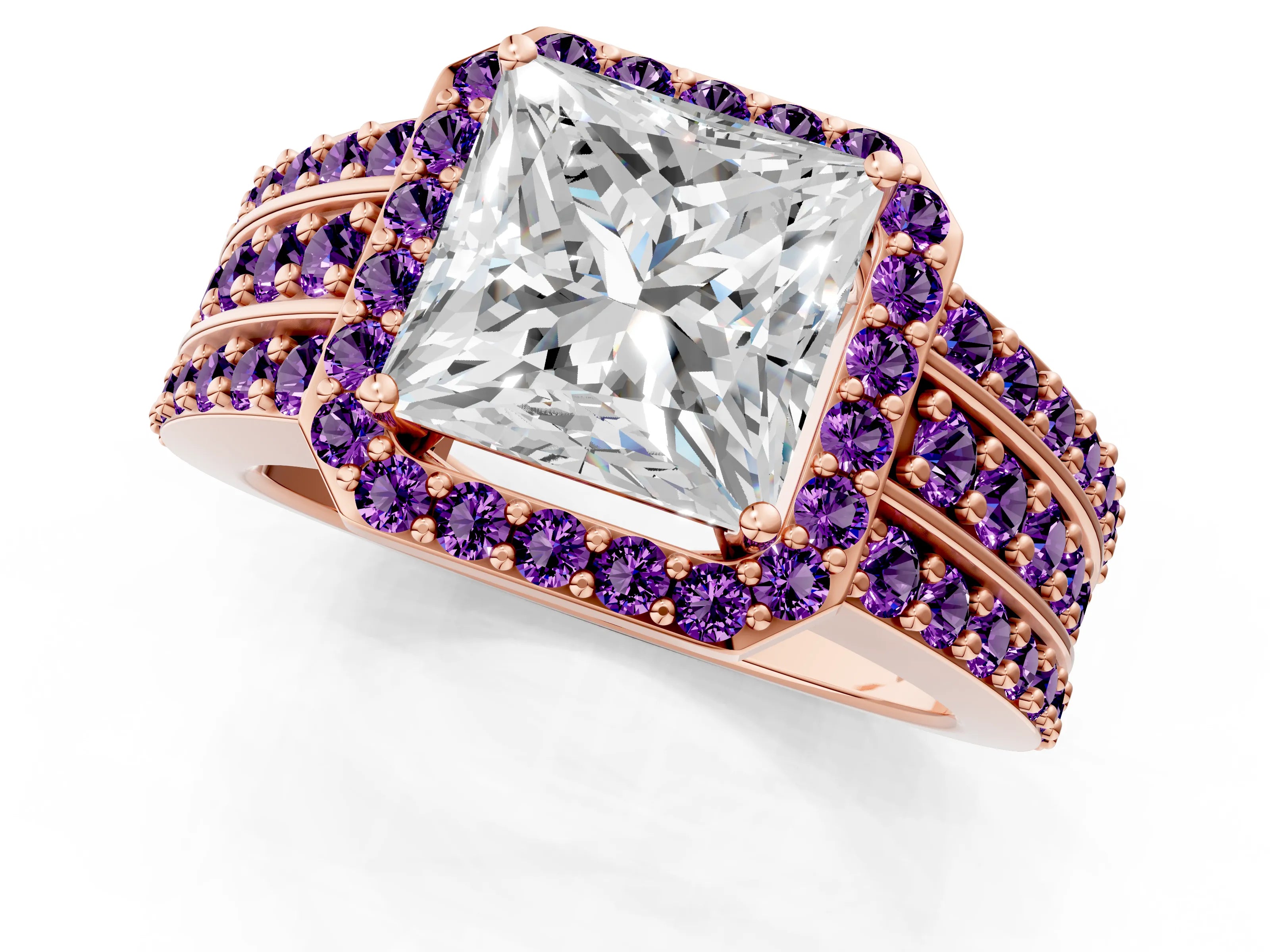 Rose gold Princess Cut Halo Diamond Ring with Round with Amethyst side stone Split Shank and Prong Setting_1