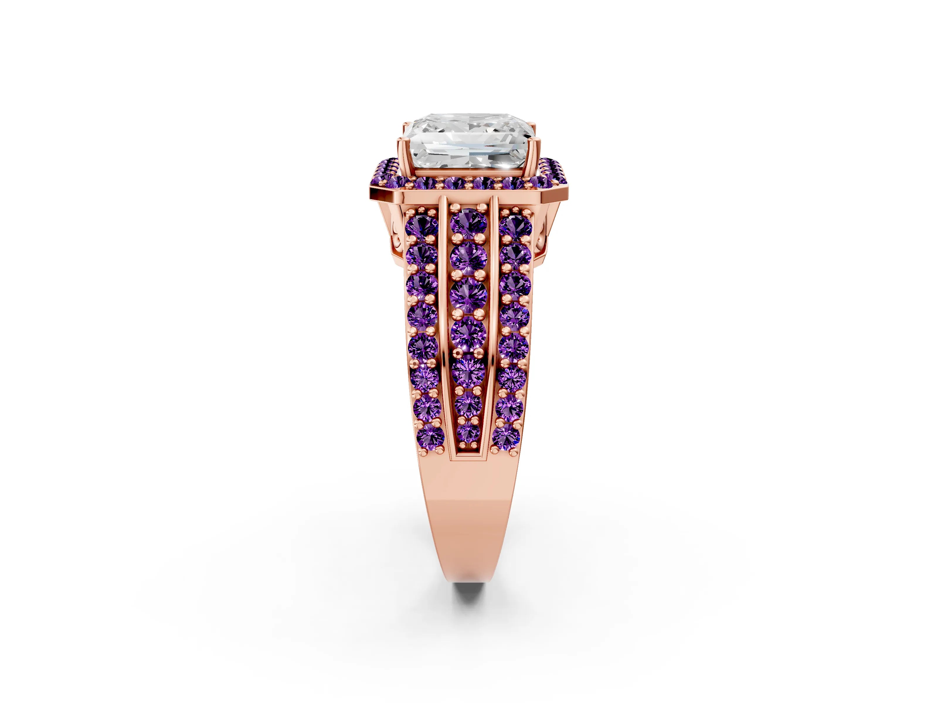 Rose gold Princess Cut Halo Diamond Ring with Round with Amethyst side stone Split Shank and Prong Setting_2