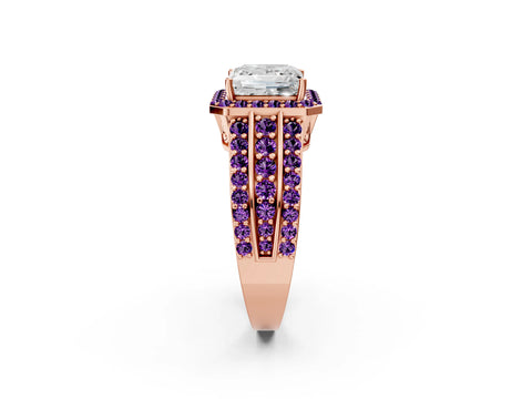 Rose gold Princess Cut Halo Diamond Ring with Round with Amethyst side stone Split Shank and Prong Setting_2