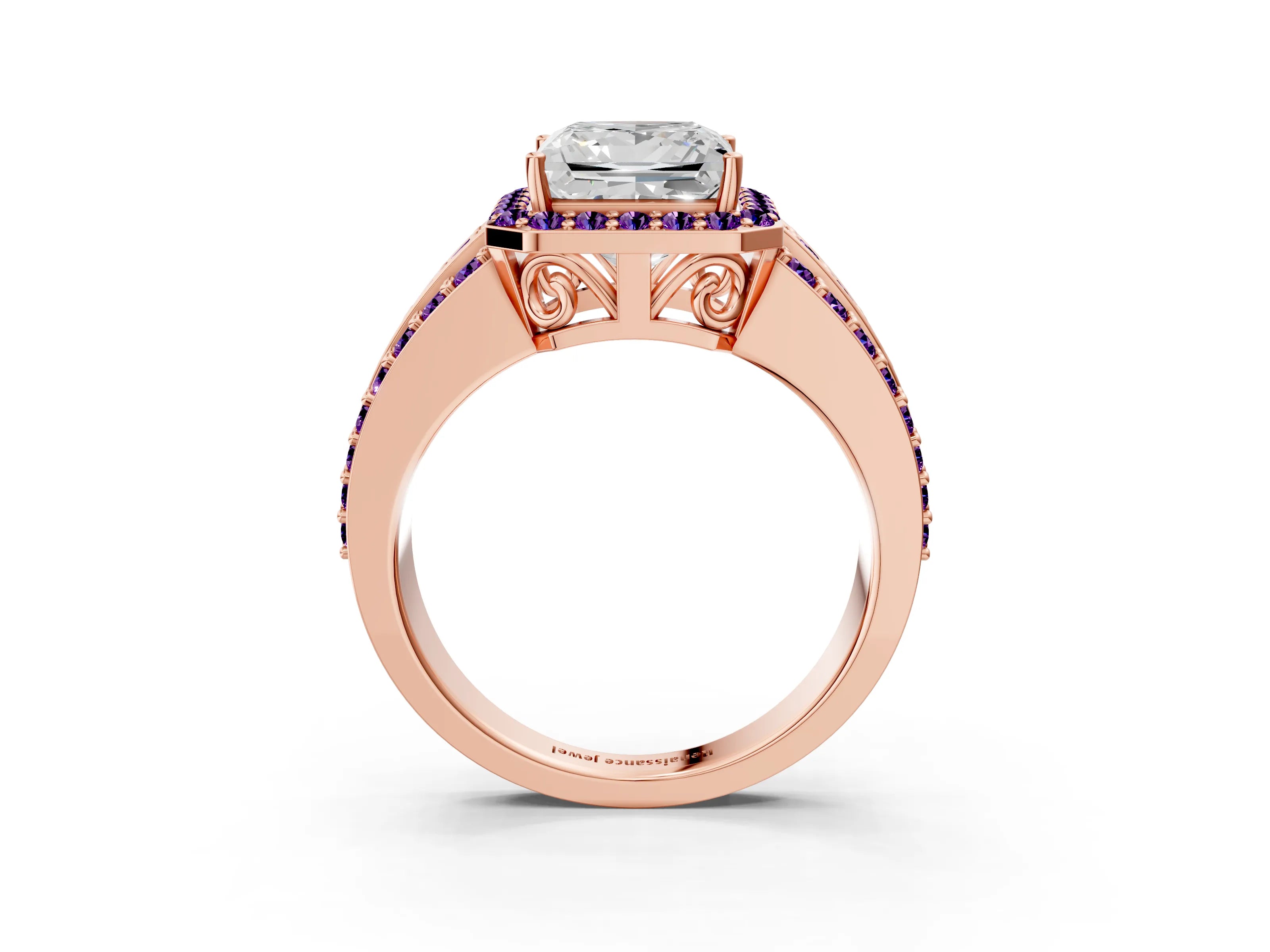Rose gold Princess Cut Halo Diamond Ring with Round with Amethyst side stone Split Shank and Prong Setting_3