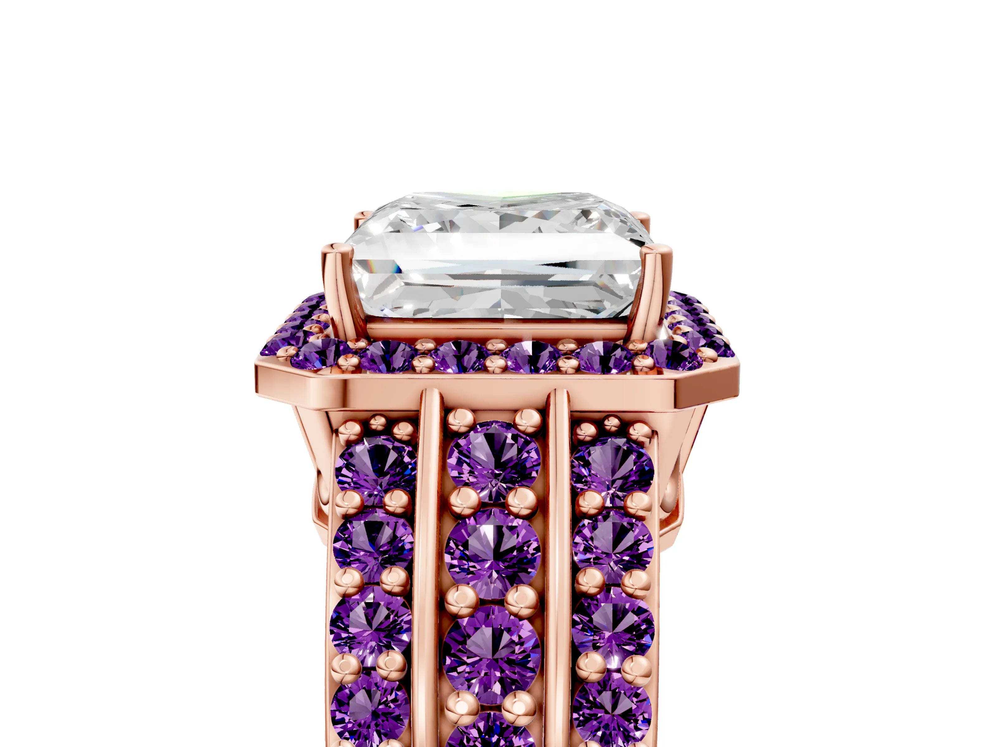Rose gold Princess Cut Halo Diamond Ring with Round with Amethyst side stone Split Shank and Prong Setting_5