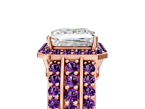 Rose gold Princess Cut Halo Diamond Ring with Round with Amethyst side stone Split Shank and Prong Setting_5