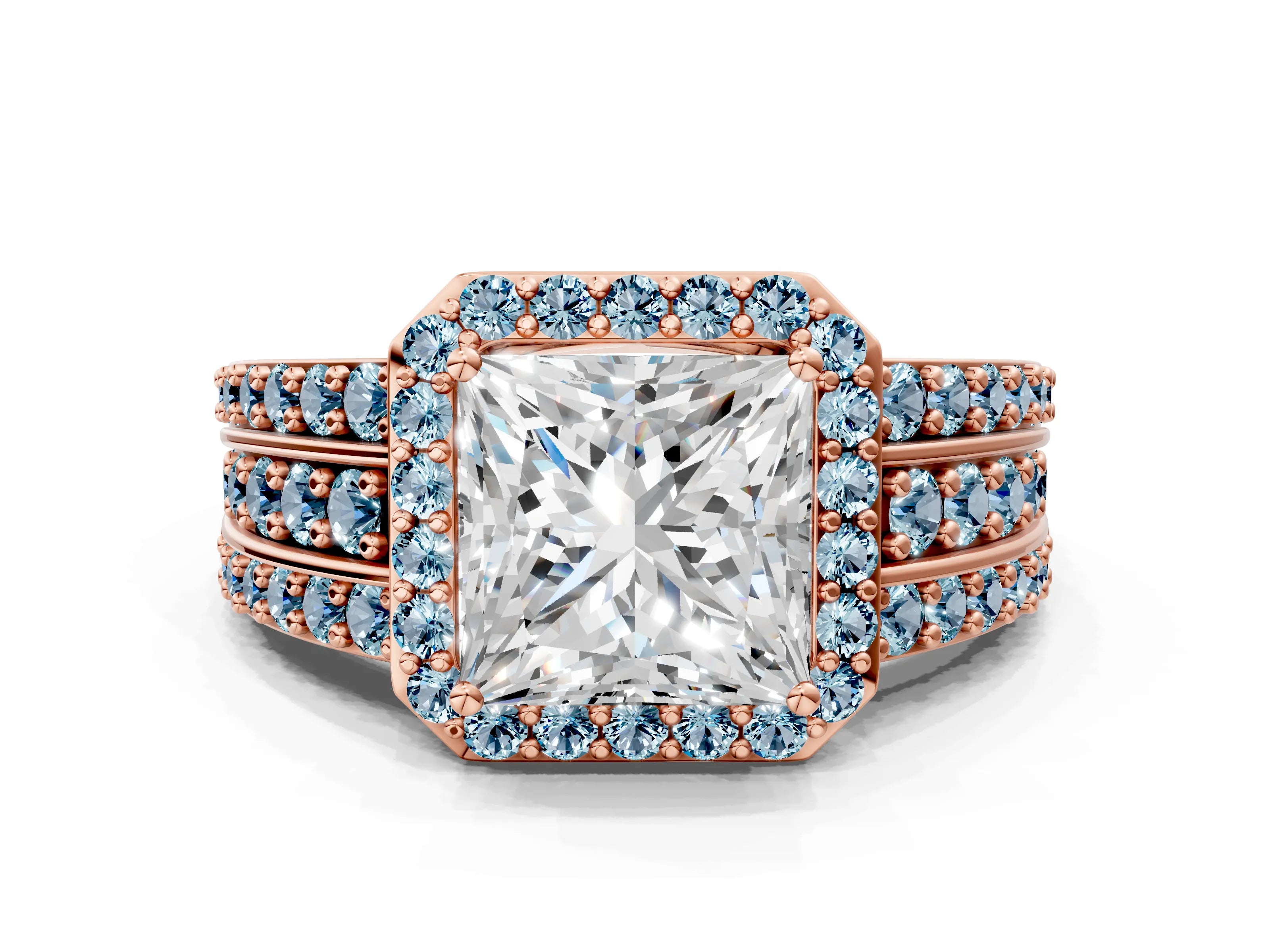 Rose gold Princess Cut Halo Diamond Ring with Round with Aquamarine side stone Split Shank and Prong Setting