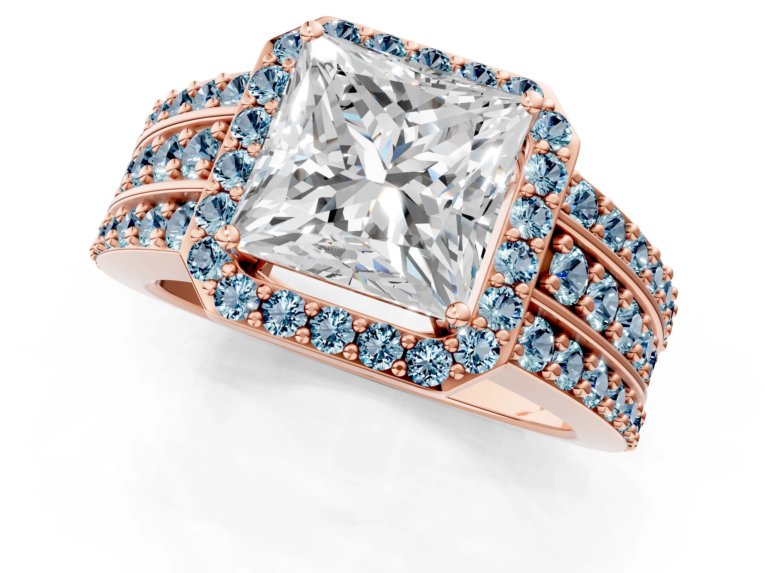 Rose gold Princess Cut Halo Diamond Ring with Round with Aquamarine side stone Split Shank and Prong Setting_1