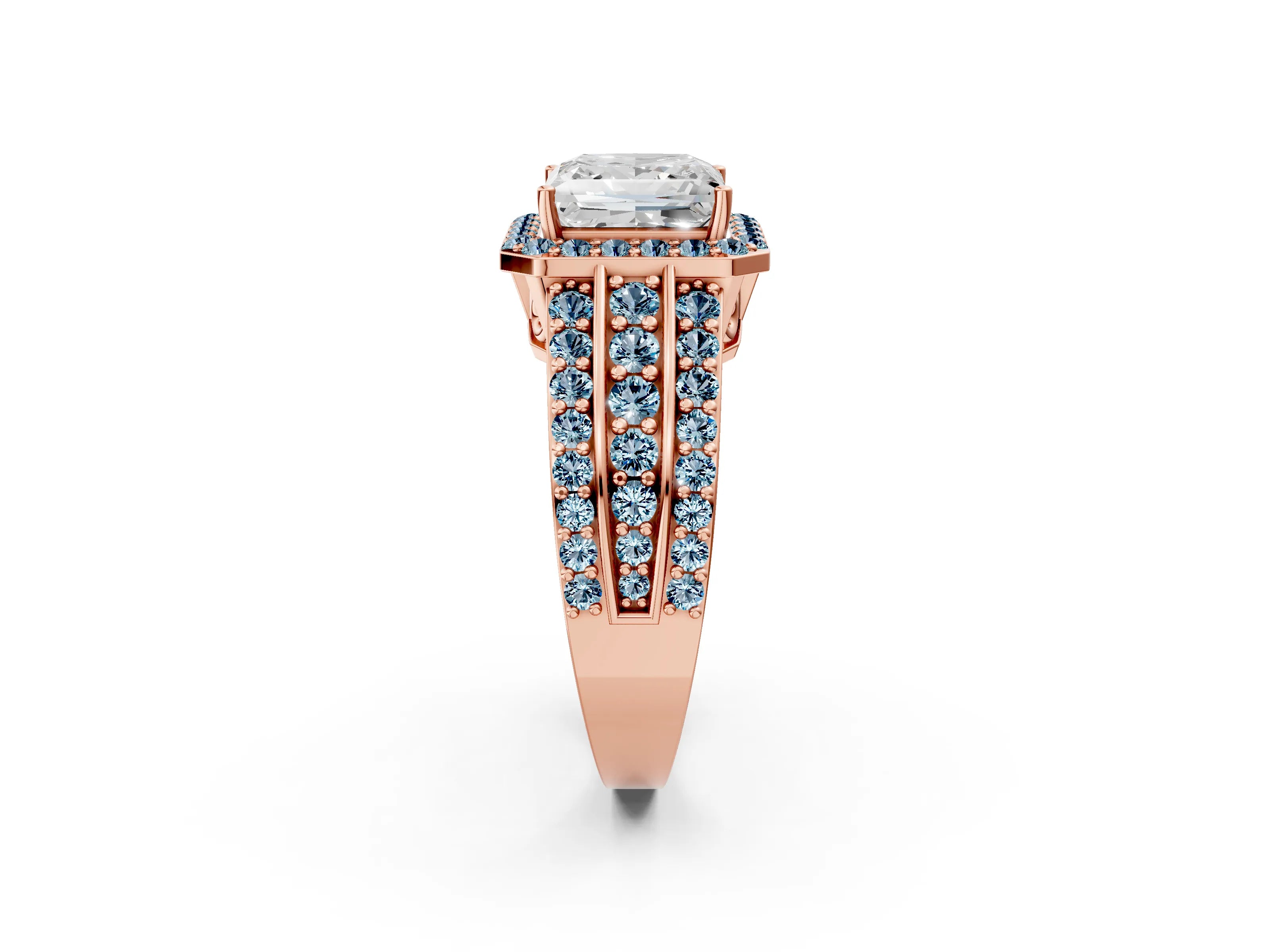 Rose gold Princess Cut Halo Diamond Ring with Round with Aquamarine side stone Split Shank and Prong Setting_2