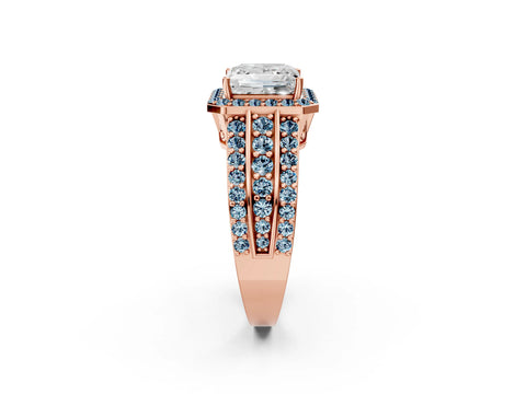 Rose gold Princess Cut Halo Diamond Ring with Round with Aquamarine side stone Split Shank and Prong Setting_2