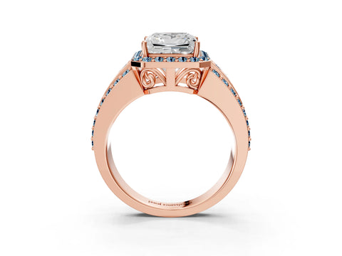 Rose gold Princess Cut Halo Diamond Ring with Round with Aquamarine side stone Split Shank and Prong Setting_3