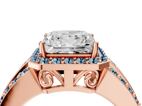 Rose gold Princess Cut Halo Diamond Ring with Round with Aquamarine side stone Split Shank and Prong Setting_4