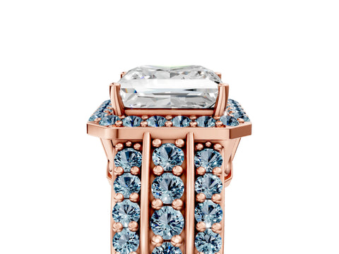 Rose gold Princess Cut Halo Diamond Ring with Round with Aquamarine side stone Split Shank and Prong Setting_5
