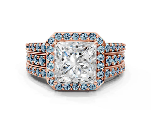 Rose gold Princess Cut Halo Diamond Ring with Round with Aquamarine side stone Split Shank and Prong Setting