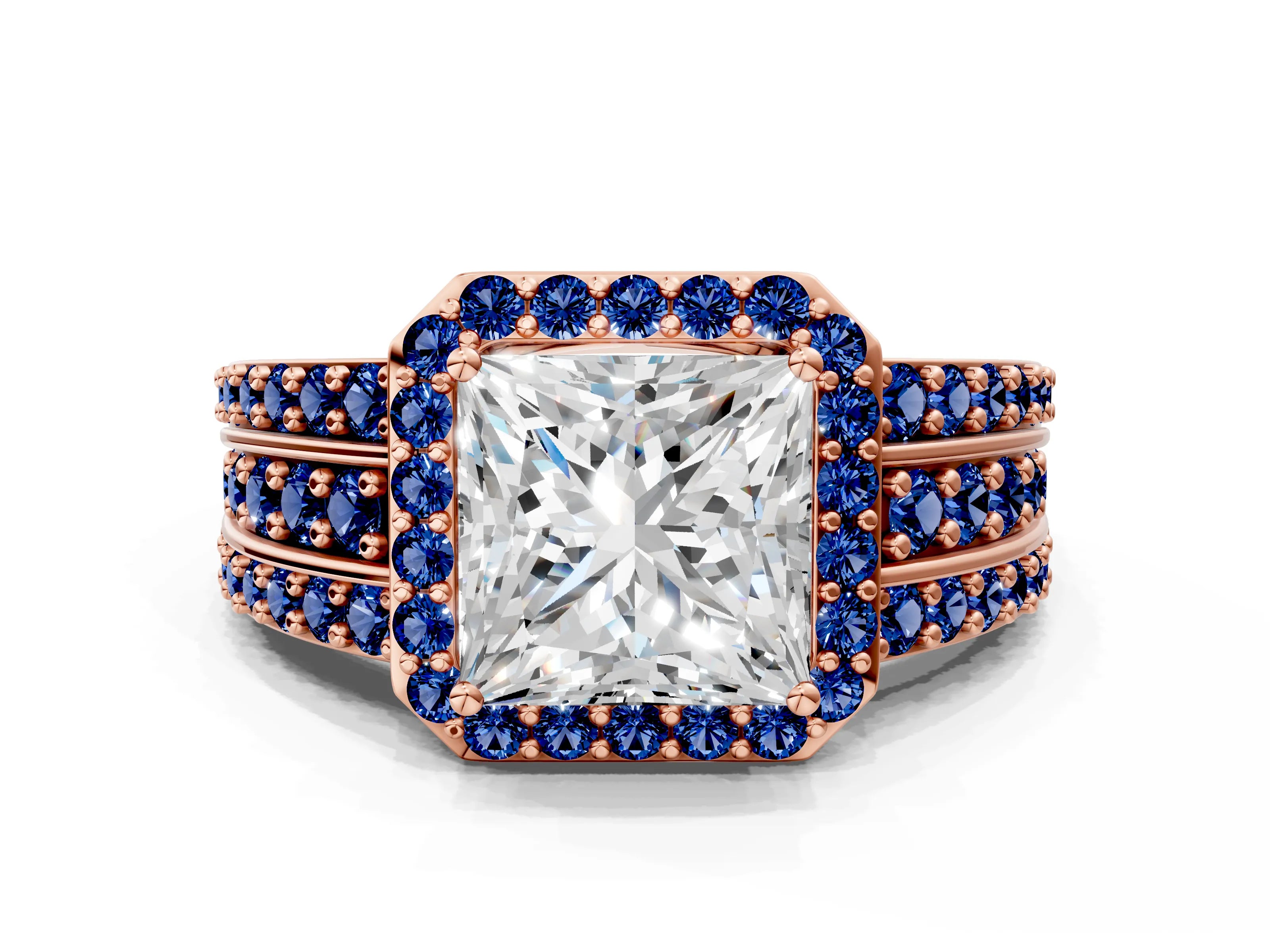 Rose gold Princess Cut Halo Diamond Ring with Round with Blue Sapphire side stone Split Shank and Prong Setting